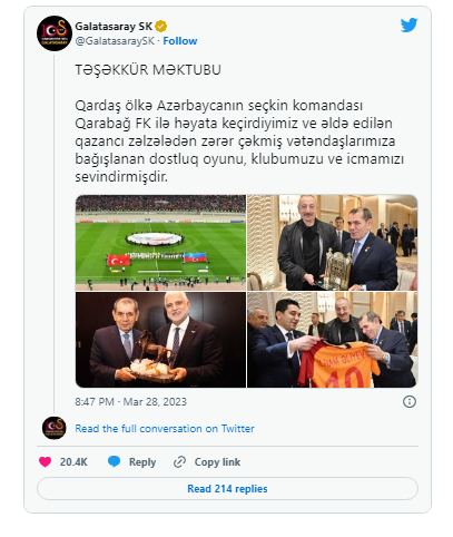 "Qalatasaray"ın prezidenti Azərbaycana təşəkkür etdi - FOTO