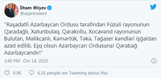 Azərbaycan Ordusu daha 8 kəndi işğaldan azad etdi - Prezident AÇIQLADI